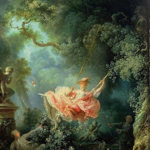 Jean-Honoré Fragonard: L'altalena (1767) Stampa artistica su tela incorniciata o avvolta in una galleria d'arte Giclée, rimasterizzata digitalmente (D6045)