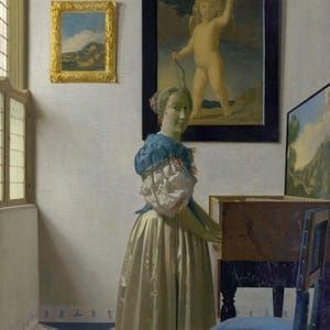 Johannes Vermeer: Dame bei einem Jungfräulichen (1670) Leinwand Galerie gewickelt oder gerahmt Giclee Wandkunst Druck Digital Remastered (D6050)