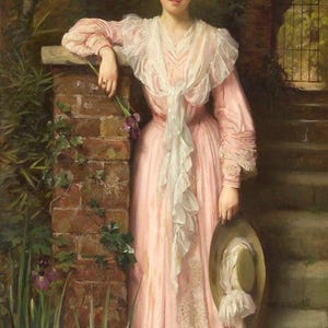 Thomas Benjamin Kennington: Dama w różowej sukience (XIX w.) – wydruk ścienny giclee w oprawie lub na płótnie (D6030)