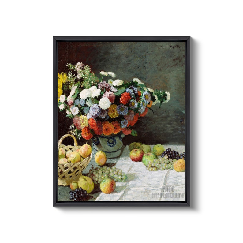 Claude Monet : Nature morte avec fleurs et fruits 1869 Impression giclée d'art murale sur toile tendue ou encadrée D6050 Black Floating Frame Canvas