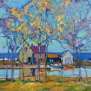 Allen Gilbert Cram (1886-1947) - Fisherman’s Cottages Canvas Gallery Wrapped or Framed Giclee Wall Art Print Digitally Remastered (D5060)