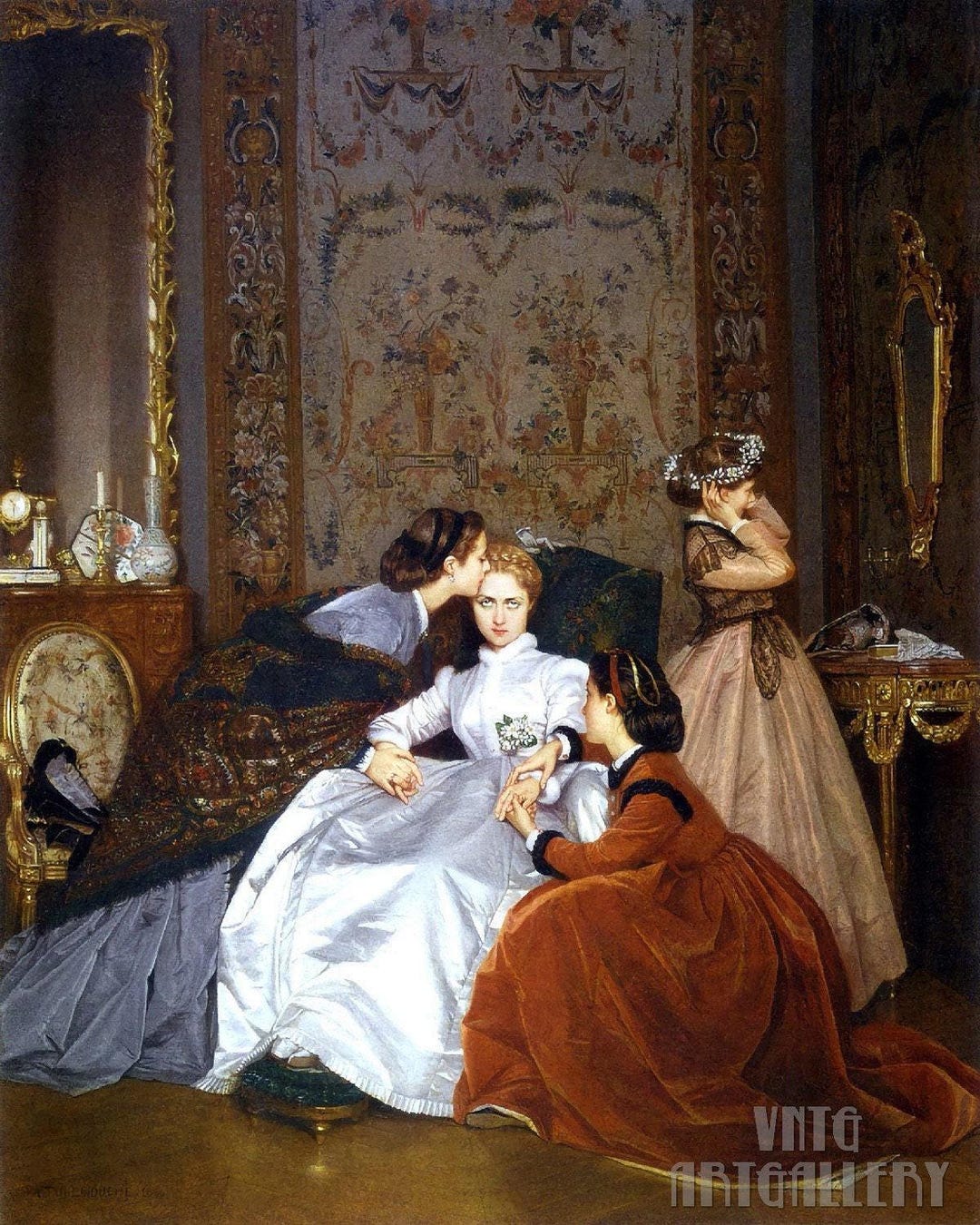 アンティーク絵画　1885年　フランス版画　ラ・レヴュ・ドゥ・ラ・モード額縁 オーギュスト・トゥールムーシュ : ラ・フィアンセ・ヘジタント、気の