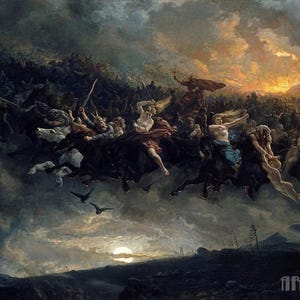 Peter Nicolai: Arbo La caccia selvaggia di Odino (Aasgaardreien) (1872) Stampa artistica da parete Giclée su tela con cornice o avvolto in una galleria (D4060)