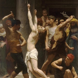 William Adolphe Bouguereau: Biczowanie naszego Pana Jezusa Chrystusa (1880) Płótno Galeria Owinięte Giclee Ścienny Wydruk Artystyczny (D6040)
