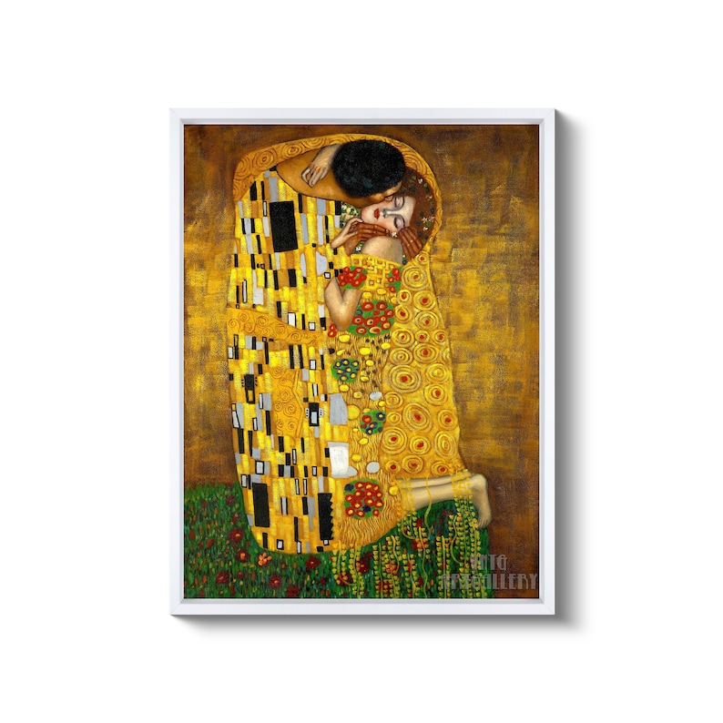 Gustav Klimt : The Kiss 1907-1908 Canvas Gallery Wrapped or Framed Giclee Wall Art Print D6045 White Floating Frame Canvas