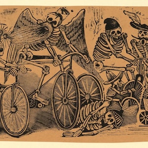 Jose Guadalupe Posada : Calaveras En Bicicleta (1903) Canvas Gallery Wrapped or Framed Giclee Wall Art Print Digitally Remastered (D3560)