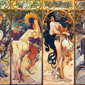 Alphonse Mucha: Cztery pory roku (1898) Płótno Galeria Oprawione lub Oprawione Giclee Ścienny Wydruk Cyfrowo Zremasterowany (D4060)