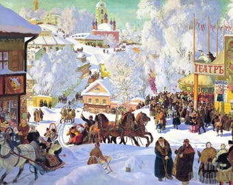Boris Kustodiev : Maslenitsa Eastern Orthodox Holiday (1916) Canvas Gallery Wrapped or Framed Giclee Wall Art Print (D4560)