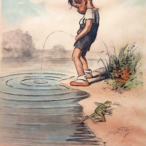 Georges Redon: Ragazzo che fa pipì nel lago, non bere l'acqua (1925) Stampa artistica da parete su tela, incorniciata o avvolta in una galleria (D6050)