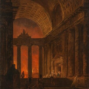 Hubert Robert: Incendio di Roma (1787) Stampa artistica su tela incorniciata o avvolta in una galleria d'arte Giclée, rimasterizzata digitalmente (D6050)