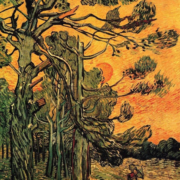 Vincent van Gogh: Pinos contra un cielo rojo con puesta de sol (1889). Impresión giclée sobre lienzo, enmarcada o envuelta en galería (D6050).