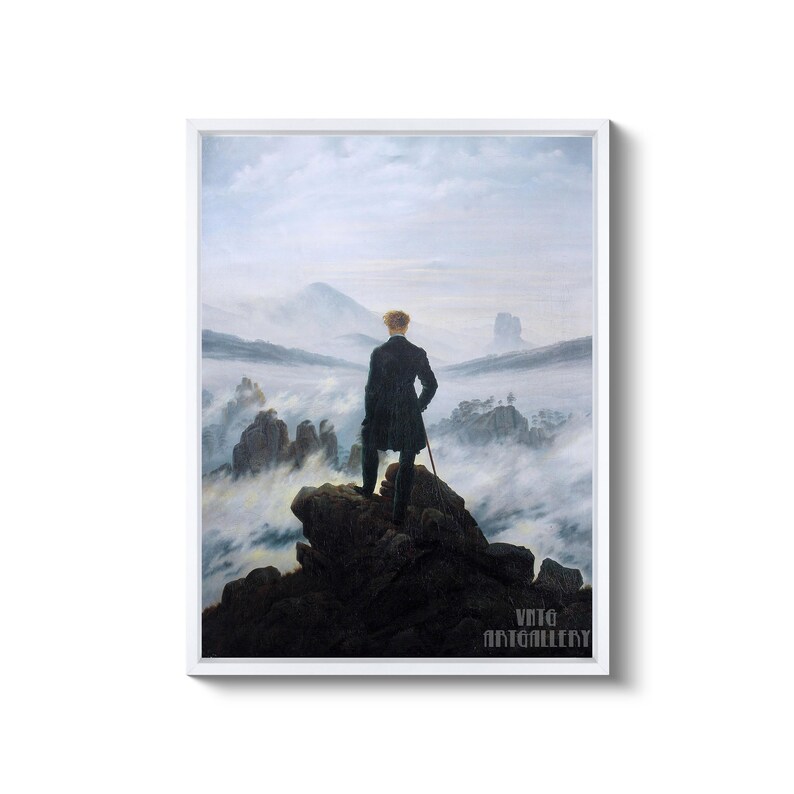 Caspar David Friedrich : Wanderer above the Sea of Fog (1818) Canvas Gallery Wrapped or Framed Giclee Wall Art Print (D6045) White Floating Frame Canvas