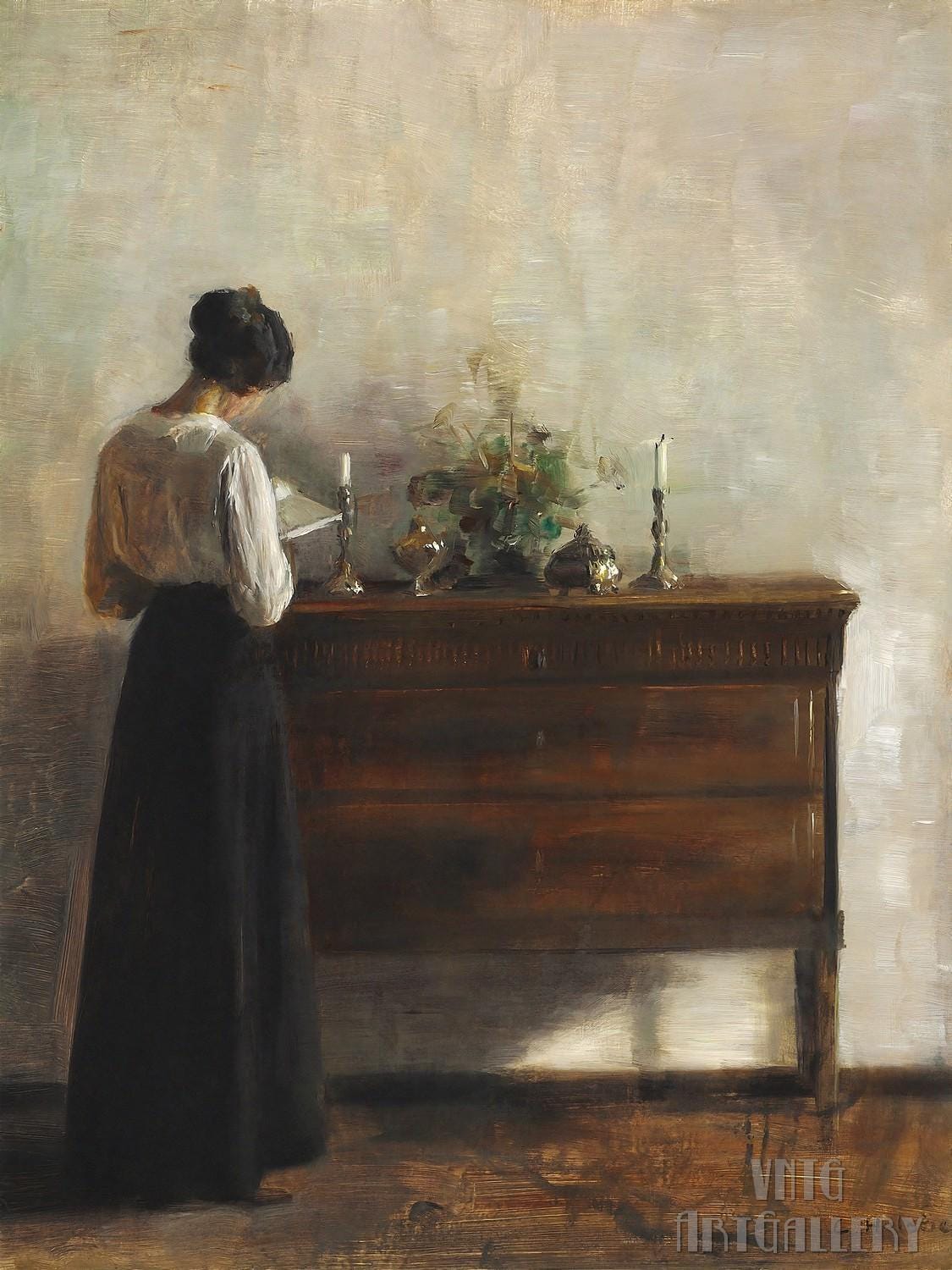 Carl Holsøe : Portrait of a Woman Reading by a Dresser (1895) Canvas Gallery Wrapped or Framed Giclee Wall Art Print (D6045)