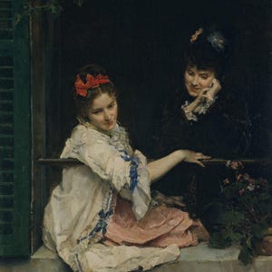 Raimundo de Madrazo y Garreta: Ragazze alla finestra (c1875) Stampa artistica da parete Giclée su tela con cornice o avvolto in una galleria (D6050)
