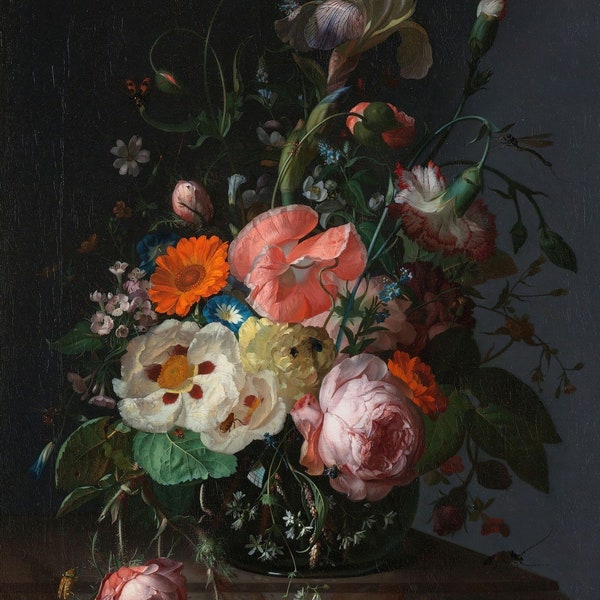 Rachel Ruysch : nature morte avec des fleurs sur une table en marbre (1716) Impression giclée d'art murale sur toile tendue ou encadrée (D6045)