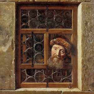 Samuel van Hoogstraten: Velho na janela (1653) Tela emoldurada ou emoldurada em giclée impressão de parede digitalmente remasterizada (D6045)