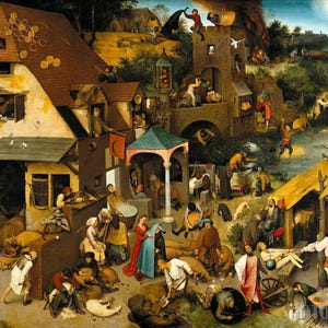 Pieter Brueghel il Vecchio: I proverbi olandesi (1559) Stampa artistica da parete Giclée su tela, incorniciata o avvolta, rimasterizzata digitalmente (D4560)