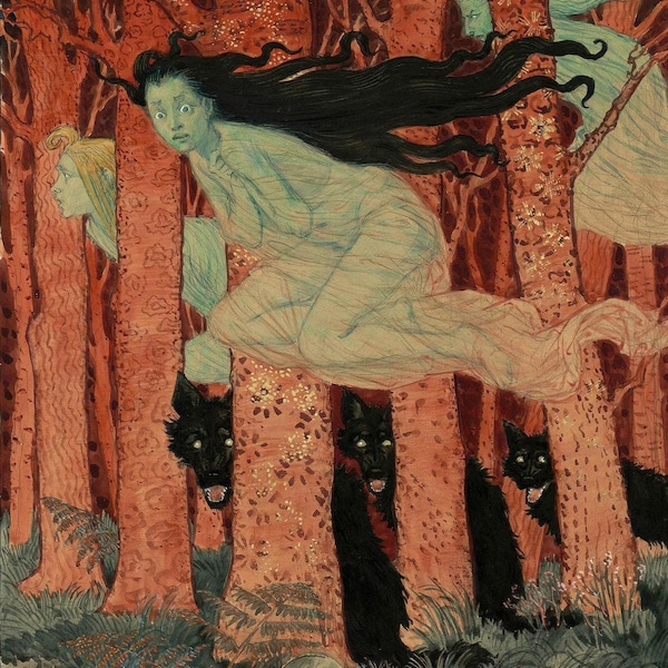 Eugène Grasset: Tres mujeres y tres lobos (1900). Impresión giclée sobre lienzo, enmarcada o enmarcada, remasterizada digitalmente (D6050).