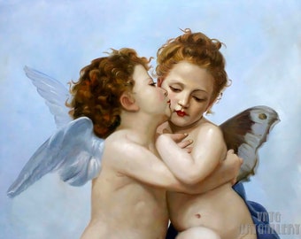 William-Adolphe Bouguereau: Canción del primer beso de los ángeles (1881) Galería de lienzos envuelto o enmarcado Giclee Wall Art Print (D5060)