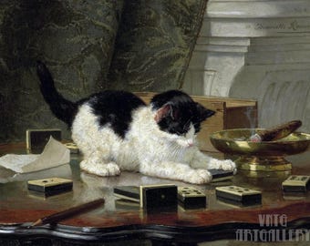 Henriëtte Ronner Knip : Kitten's Game (1800) Canvas Gallery Wrapped or Framed Giclée Wall Art Print Digitally Remastered (D4560)