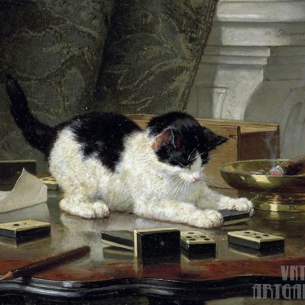 Henriëtte Ronner Knip: El juego del gatito (1800). Impresión giclée sobre lienzo, enmarcada o enmarcada, remasterizada digitalmente (D4560).