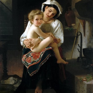 William Adolphe Bouguereau : Young Mother Gazing at her Child (1871) Canvas Gallery Wrapped or Framed Giclee Wall Art Print (D6045)