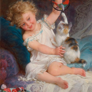 Emile Munier : Playtime (1886) Canvas Gallery Wrapped Giclee Wall Art Print Digitally Remastered (D6040)