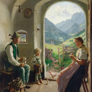 Emil Rau: Scena idilliaca sull'alpe (1871) Stampa artistica da parete Giclée su tela, incorniciata o avvolta in una galleria, rimasterizzata digitalmente (D6045)