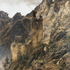 Karl Friedrich Lessing: Paisaje rocoso, garganta con ruinas (1830) Impresión de arte mural enmarcada o envuelta en galería (D6050)
