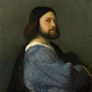 Tiziano: Ritratto di un uomo con una manica trapuntata (1510) Stampa artistica da parete Giclée su tela, incorniciata o avvolta in una galleria, rimasterizzata digitalmente (D6050) immagine 1