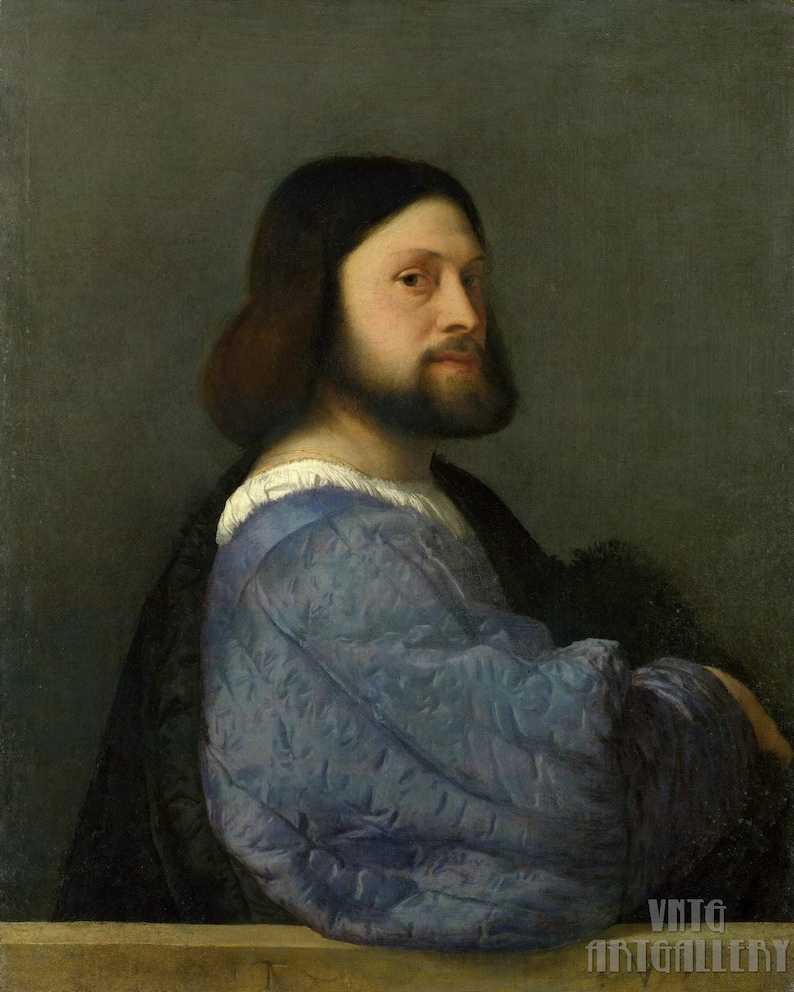 Tiziano: Ritratto di un uomo con una manica trapuntata (1510) Stampa artistica da parete Giclée su tela, incorniciata o avvolta in una galleria, rimasterizzata digitalmente (D6050) immagine 1