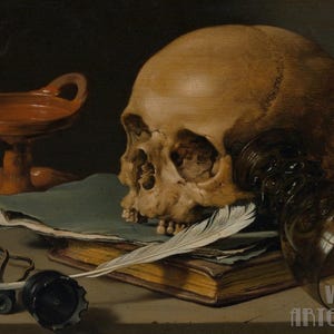 Pieter Claesz: Natura morta con teschio e penna per scrivere (1628) Stampa artistica da parete su tela con cornice o avvolto in una galleria (D4060)