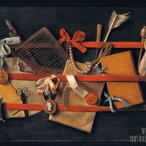 サミュエル・ファン・ホーフストラテンの「トロンペ：静物画」（1664年）キャンバスギャラリーラップまたは額装されたジクレー壁掛けアートプリント（デジタルリマスター版、D4560）