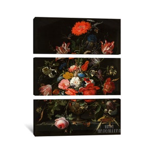 Abraham Mignon : Fleurs dans un vase en métal 1670 Impression giclée d'art murale sur toile tendue ou encadrée D6045 3 Panel Stretched Canvas