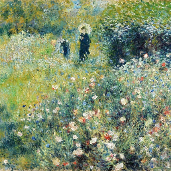 Pierre-Auguste Renoir: Donna con un parasole in un giardino (1875) Galleria su tela Stampa artistica su parete avvolta o incorniciata (D5060)