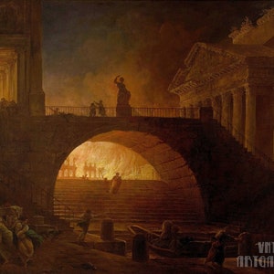 Hubert Robert: L'incendio di Roma (1771) Stampa artistica su tela incorniciata o avvolta in una galleria d'arte Giclée, rimasterizzata digitalmente (D5060)