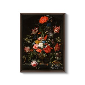 Abraham Mignon : Fleurs dans un vase en métal 1670 Impression giclée d'art murale sur toile tendue ou encadrée D6045 Brown Floating Frame Canvas