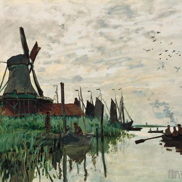 Claude Monet: Molino de viento y barcos cerca de Zaandam (1871). Impresión giclée sobre lienzo, enmarcada o envuelta digitalmente (D4060).