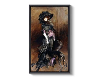 ボルディーニ「黒衣の婦人」キャンバス複製画 豪華木製額装 西洋肖像画 ジョヴァンニ・ボルディーニ：グレイハウンドを連れたルイザ