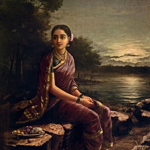 Raja Ravi Varma : Radha au clair de lune (1890) Impression d&#39;art mural sur toile tendue ou encadrée remasterisée numériquement (D6045)