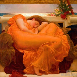 Frederic Leighton: Flaming June (1895) canvasgalerie gewikkeld of ingelijste giclee muurkunstdruk digitaal geremasterd (D50)