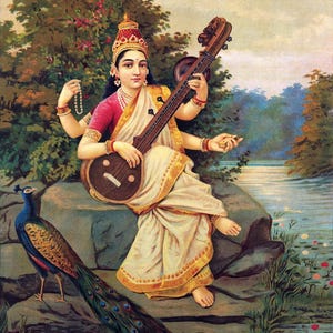 Raja Ravi Varma : Goddess Saraswati Canvas Gallery Wrapped or Framed Giclee Wall Art Print Digitally Remastered (D6045)