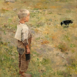 Akseli Gallen-Kallela (1865-1931) - Il ragazzo e il corvo (1884) Stampa artistica da parete Giclée su tela con cornice o avvolta in una galleria (D6050)