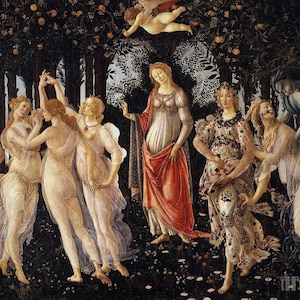 Sandro Botticelli: Primavera (1479) Stampa artistica su tela incorniciata o avvolta in una galleria d'arte Giclée, rimasterizzata digitalmente (D4060)