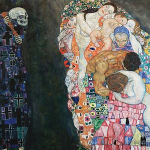 Gustav Klimt: Morte e vita (1916) Stampa artistica su tela incorniciata o avvolta in una galleria d'arte Giclée, rimasterizzata digitalmente (D5060)