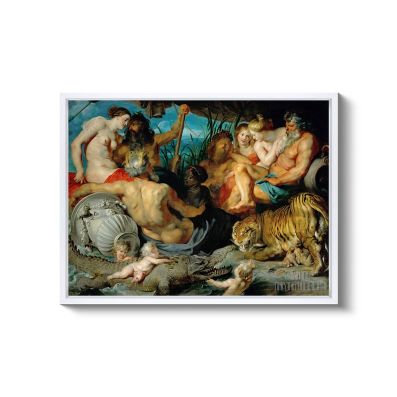 Peter Paul Rubens : Les quatre continents Les quatre fleuves du paradis 1612 Impression giclée d'art mural sur toile tendue ou encadrée D4560 White Floating Frame Canvas