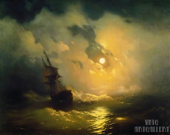 Ivan Ayvazovsky : Stormy Sea at Night (1849) Canvas Gallery Wrapped or Framed Giclee Wall Art Print (D5060)