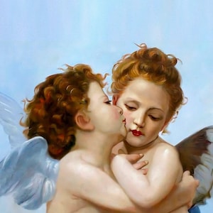 William-Adolphe Bouguereau : Song of the Angels  First Kiss Portrait Canvas Gallery Wrapped or Framed Giclee Wall Art Print (D6040)