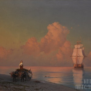 Ivan Konstantinovich Aivazovsky : An Ox-Drawn Cart on the Shore (1868) Canvas Gallery Wrapped or Framed Giclée Wall Art Print (D4560)