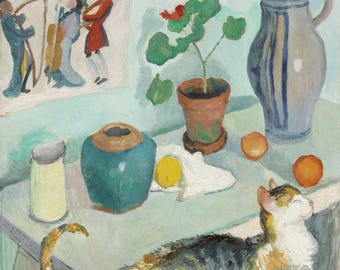 May include: A still life painting featuring a green ceramic jar, a white ceramic can, a blue ceramic pitcher, a potted plant with green leaves and red flowers, a yellow lemon, two orange fruits, and a tabby cat lying on a light blue table.